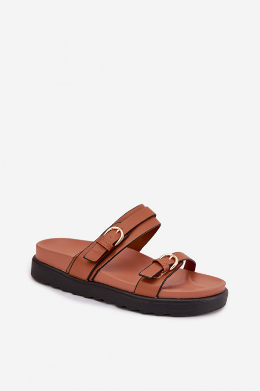 Damenhausschuhe mit einer Plattform mit Streifen I goldene Farbemi mit Schnallenmi braune Farbe Rirea