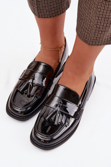 Lakkende mocassins voor dames met kwasten zwarte kleur Galera