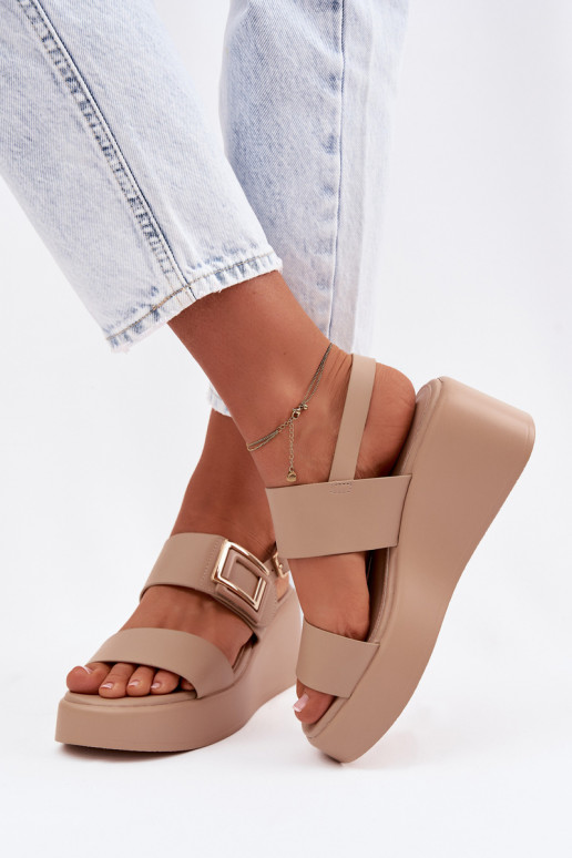 Damensandalen mit einer Plattform Mit Dekorationen Detalem Beige Nelira