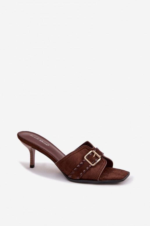 Damenhausschuhe mit dünnen Absätzen mit Riemen I Złotą mit Schnallen CzekoladoZue Jelira