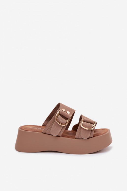 Damespantoffels met platform Ze gouden kleurmi met gespenmi beige Nelirae