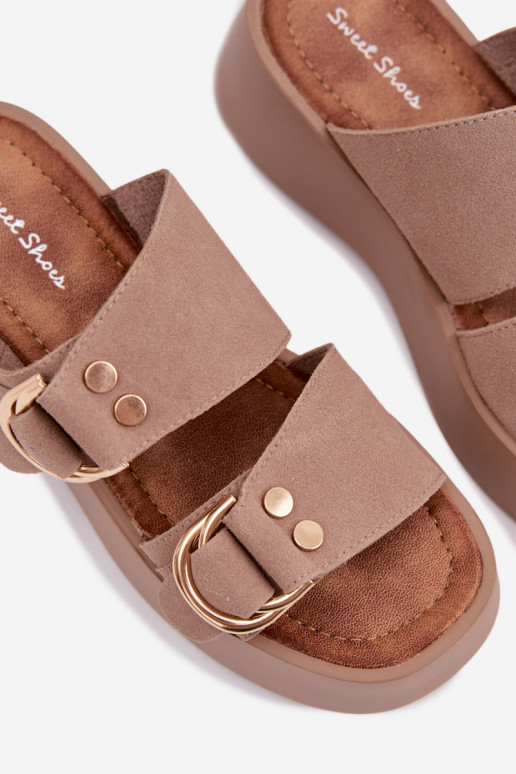 Damespantoffels met platform Ze gouden kleurmi met gespenmi beige Nelirae