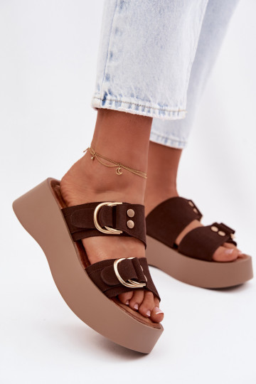 Chaussons femme à plateforme et boucles dorées couleur chocolat Nelirae