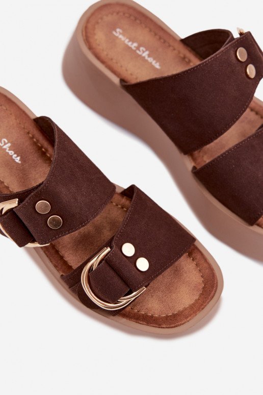 Damespantoffels met platform Ze gouden kleurmi met gespenmi CzekoladoIne Nelirae