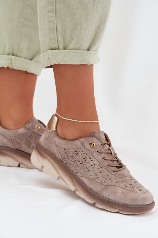 Wildleder Damen Sneakers mit Ażurowelementen Sergio Leone SP-002 in braun