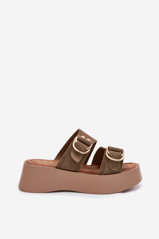 Damespantoffels met platform Ze gouden kleurmi met gespenmi groene kleur Nelirae