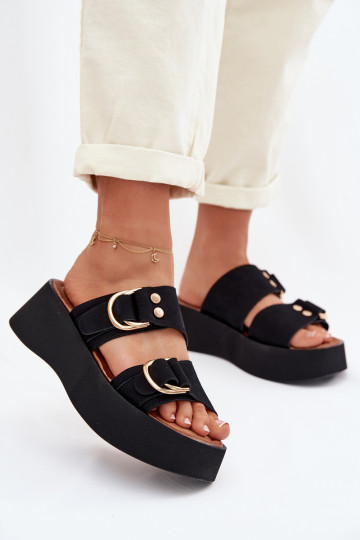 Pantoufles pour femmes avec une plateforme Ze couleur doréemi avec bouclesmi couleur noire Nelirae 2