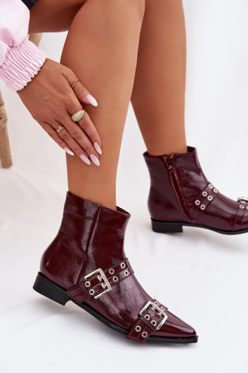 Bottines femme effet vernis avec talons larges, lanières et boucles couleur bordeaux Hamira