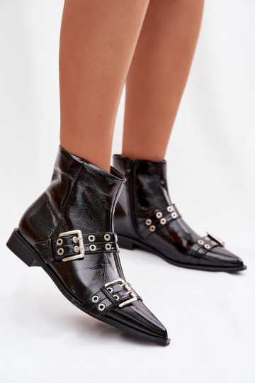 Damen Stiefeletten mit Lackeffekt und breiten Absätzen mit Riemchen und Schnallen in Schwarz Hamira 2