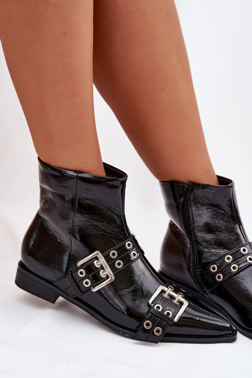 avec effet vernis Bottes pour femmes avec des talons larges avec des bandes I avec bouclesmi couleur noire Hamira