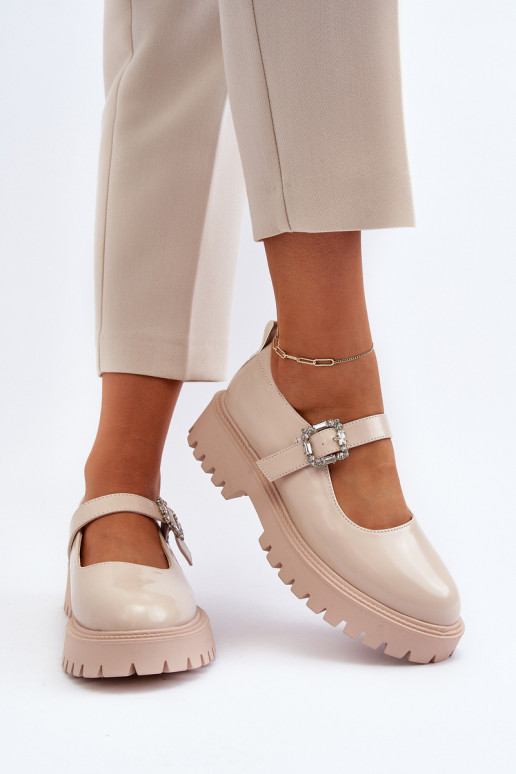 Chaussures en cuir verni pour femme décorer avec boucles beige Lindnessa