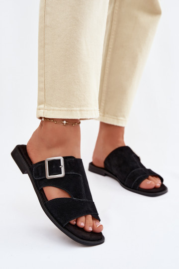 Dames suède slippers met brede hakken en gespen Big Star TT274477 zwarte kleur 2