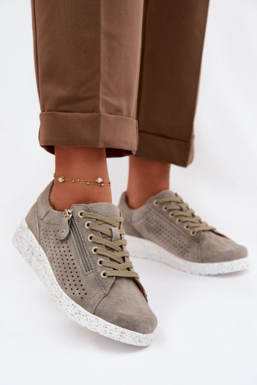 Dames suède schoenen met rits Cemela khaki kleur 2