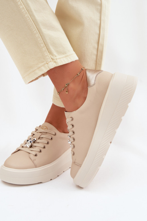 Leer Sneakers model schoenen Dames met platformPrzypinką Vinceza 39973 beige