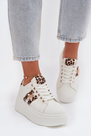 Damen Sportschuhe mit Plateau und Schnalle weiß mit Leopardenmuster Palvessa