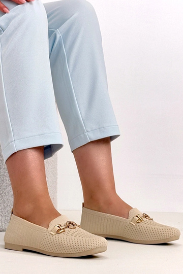 Zandkleurige stoffen mocassins met gouden decor Mathilde