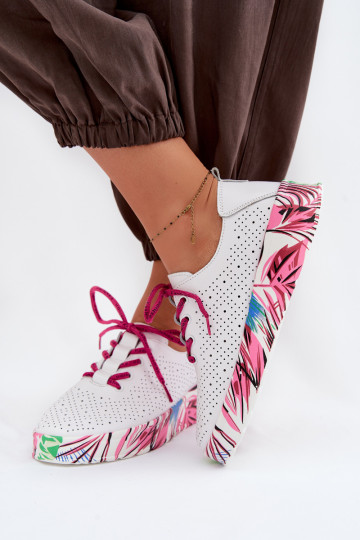 Lederne Damen-Schuhe mit gemusterter Plattform in rosa Femela