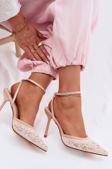 Dames sandalen met dunne hakken Versierd met pailletten I koraal kleurenikami beige Nedira