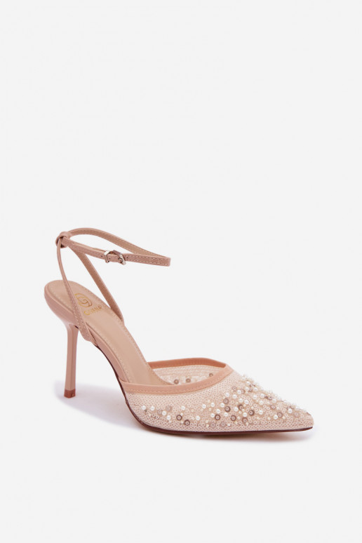 Dames sandalen met dunne hakken Versierd met pailletten I koraal kleurenikami beige Nedira