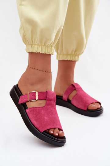 Damen-Suede-Slipper mit Plateausohle und goldfarbenen Schnallen Zemela rosa 2