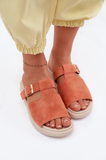Dames suède slippers met platform en gouden gespen Zemela oranje