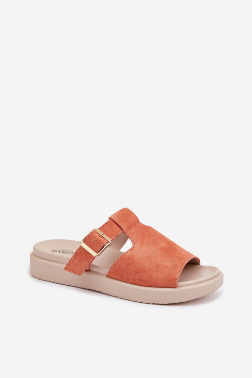 Chaussons femme en daim avec une plateforme avec boucles dorées couleur orange Zemela