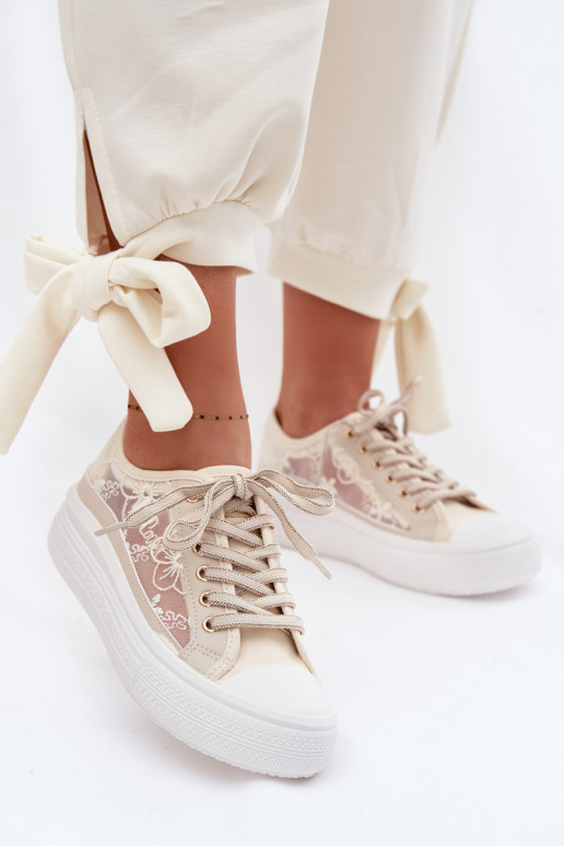 Vrijetijdsschoenen met kant met platform Lee Cooper LCIN-26-44-4481 beige