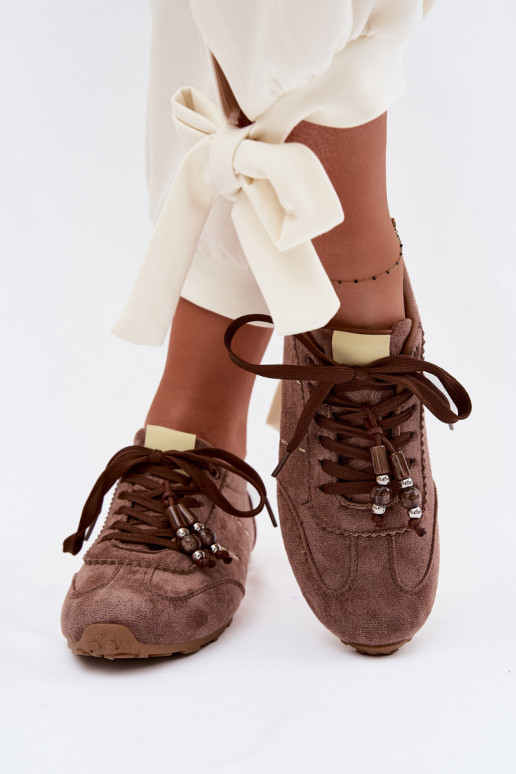 Sneakers model schoenen Dames laag met kralen bruine kleur Galora