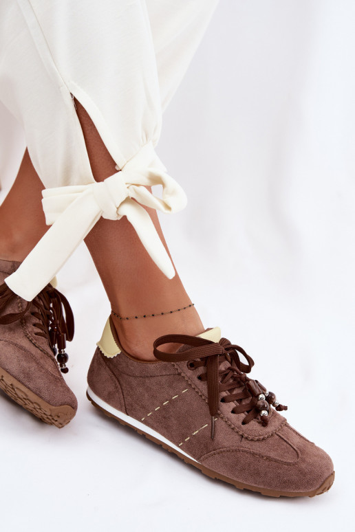 Sneakers model schoenen Dames laag met kralen bruine kleur Galora