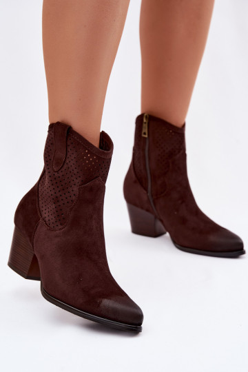 Vinceza 58150 perforatie cowboy stijl dames laarzen met hak in chocolade kleur