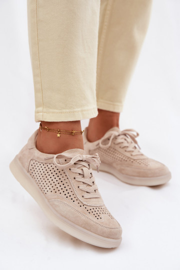 Suède sneakers voor dames met opengewerkte elementen zandkleurig Almora 2