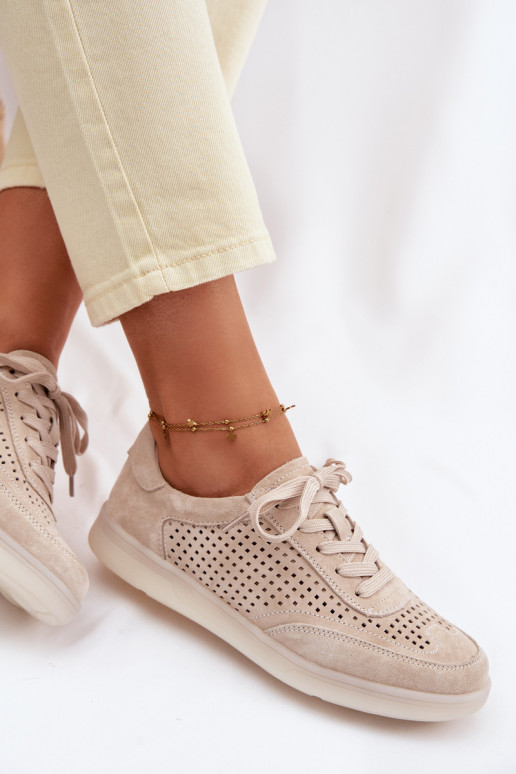 Leer van suède Sneakers model schoenen Dames met elementen van opengeInerkt beige Almora