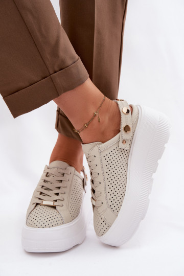 Leren sneakers met opengewerkte elementen voor dames met platform en bandjes D&A LR61-7088 zandkleurig