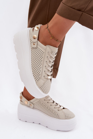 Leren sneakers met opengewerkte elementen voor dames met platform en bandjes D&A LR61-7088 zandkleurig 2