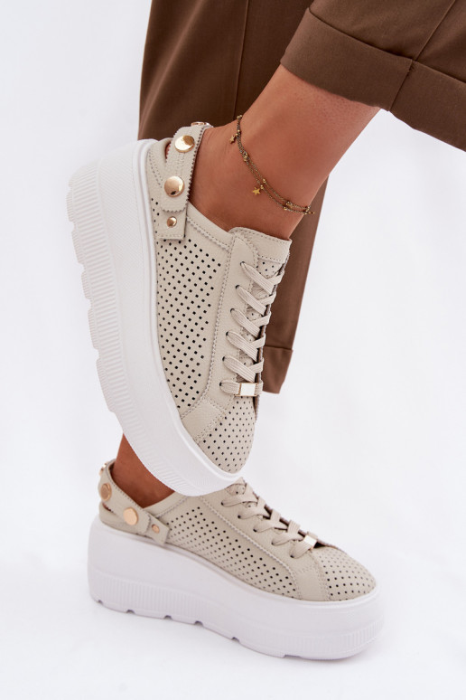 Leer met elementen van opengeInerkt Sneakers model schoenen Dames met platform met riemen Op Pięcie D&A LR61-7088 beige
