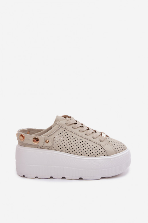 Leer met elementen van opengeInerkt Sneakers model schoenen Dames met platform met riemen Op Pięcie D&A LR61-7088 beige