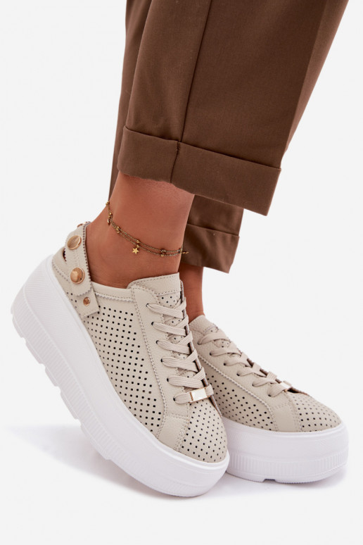 Leer met elementen van opengeInerkt Sneakers model schoenen Dames met platform met riemen Op Pięcie D&A LR61-7088 beige