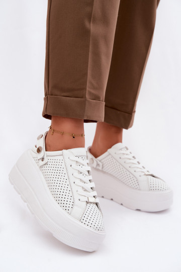 Leer met elementen van opengeInerkt Sneakers model schoenen Dames met platform met riemen Op Pięcie D&A LR61-7088 Initte kleur 2