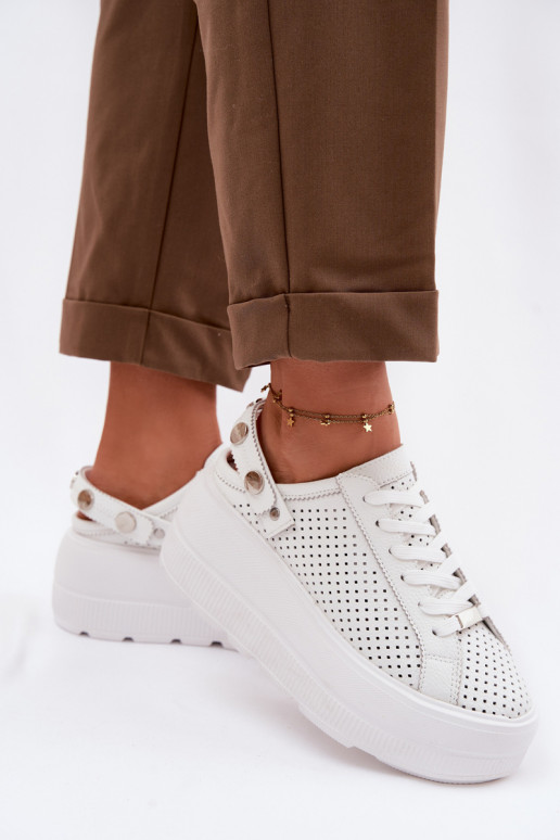 Leer met elementen van opengeInerkt Sneakers model schoenen Dames met platform met riemen Op Pięcie D&A LR61-7088 Initte kleur