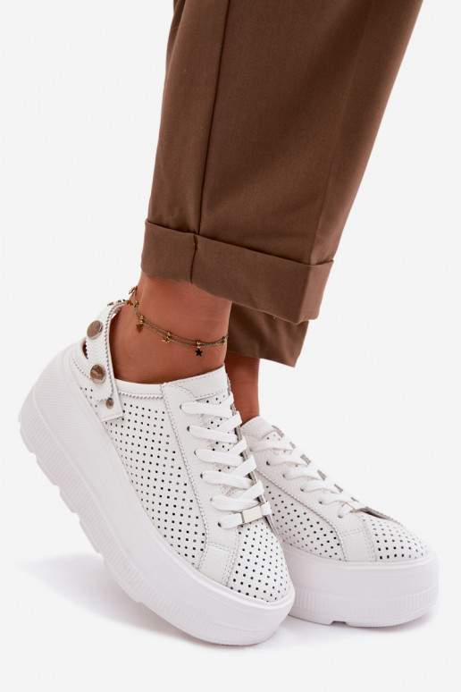 Leer met elementen van opengeInerkt Sneakers model schoenen Dames met platform met riemen Op Pięcie D&A LR61-7088 Initte kleur
