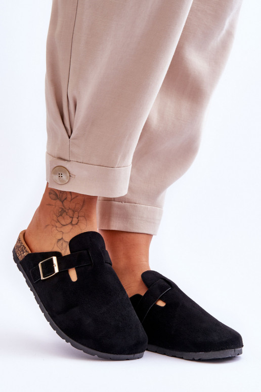 Chaussons en daim sur plateforme en liège couleur noire Vellma