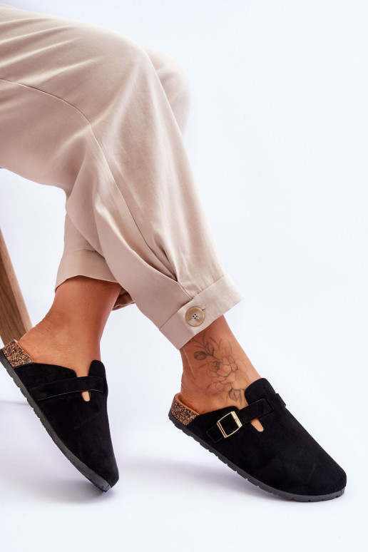 Chaussons en daim sur plateforme en liège couleur noire Vellma