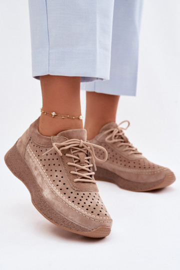 Leren sneakers model dames met perforatie elementen Sergio Leone SP-013 bruine kleur 2