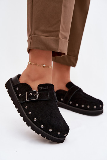 Big Star TT274951 suède klompslippers met plateau, studs en gespen zwart 2