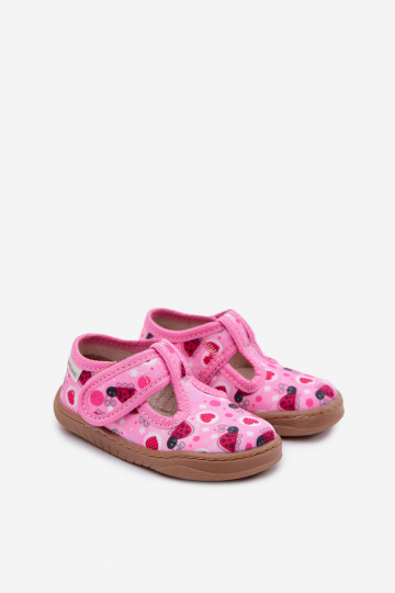 Chaussons Barefoot Puéril Coccinelles avec des coeurs avec attaches adhésives Milami couleur rose Talirae