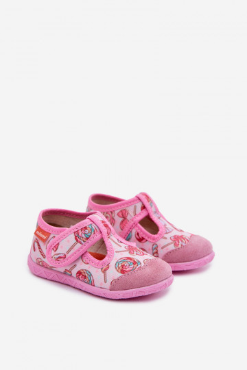 Slippers Milami voor kinderen met klittebandsluiting met snoepjespatroon roze Jasimrra