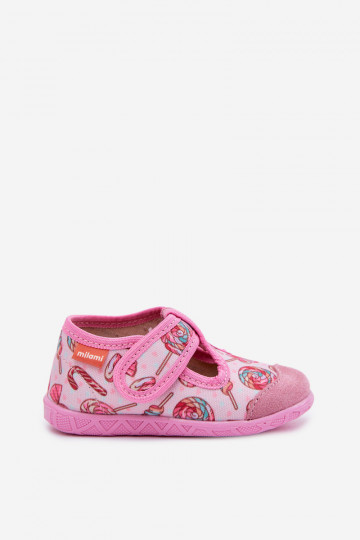 Slippers Milami voor kinderen met klittebandsluiting met snoepjespatroon roze Jasimrra 2