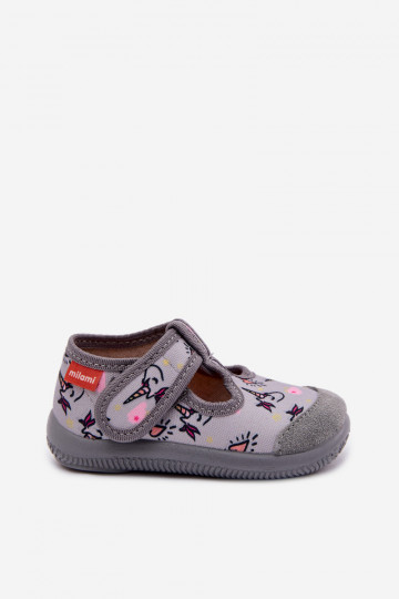 Elastische Milami Slipper für Kinder mit Klettverschluss und Einhornmuster in grau Ambette 2