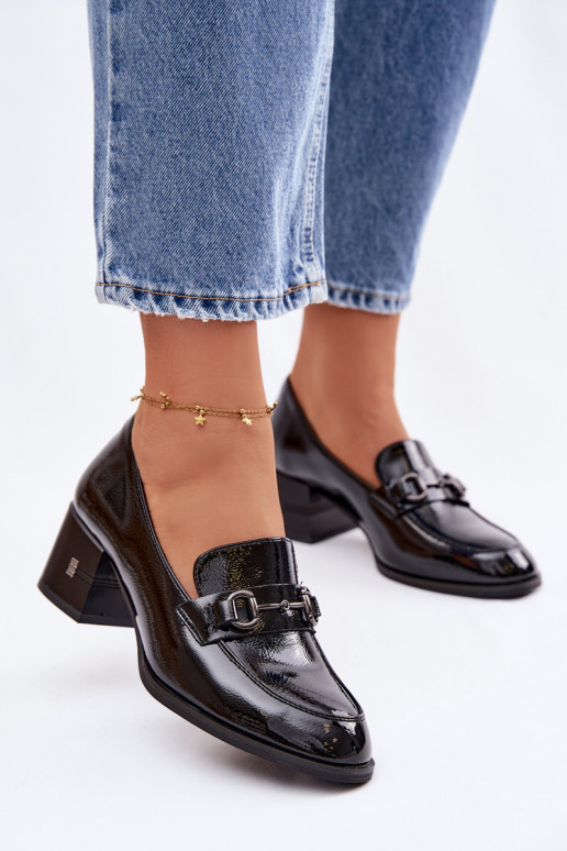 Bottines en cuir véritable laqué Féminin avec des talons Vinceza 18116 couleur noire