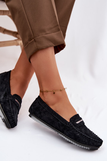 Mocassins plats pour femmes en daim naturel S.Barski LR61-7029 noir